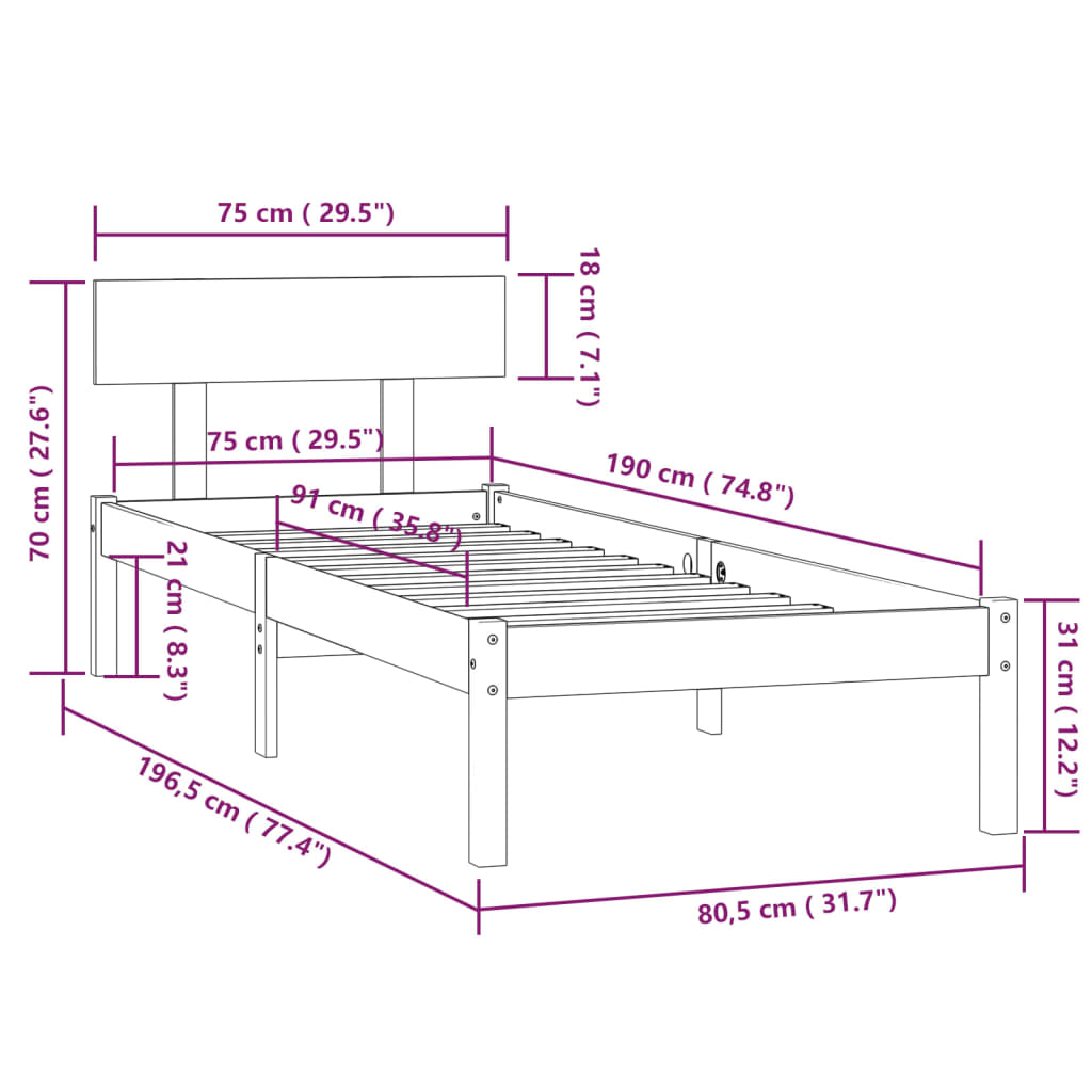 vidaXL Bedframe massief hout zwart 75x190 cm