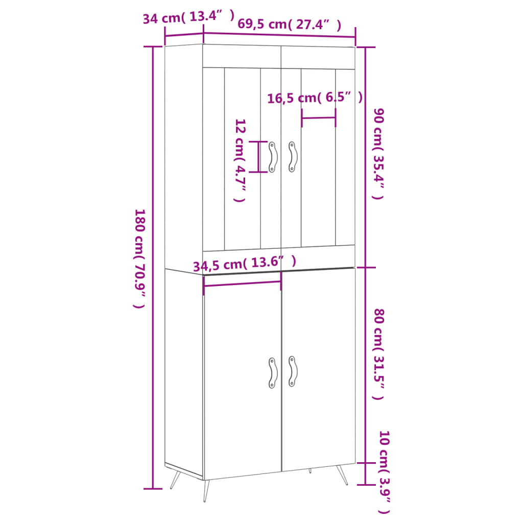 vidaXL Hoge kast 69,5x34x180 cm bewerkt hout bruin eikenkleur