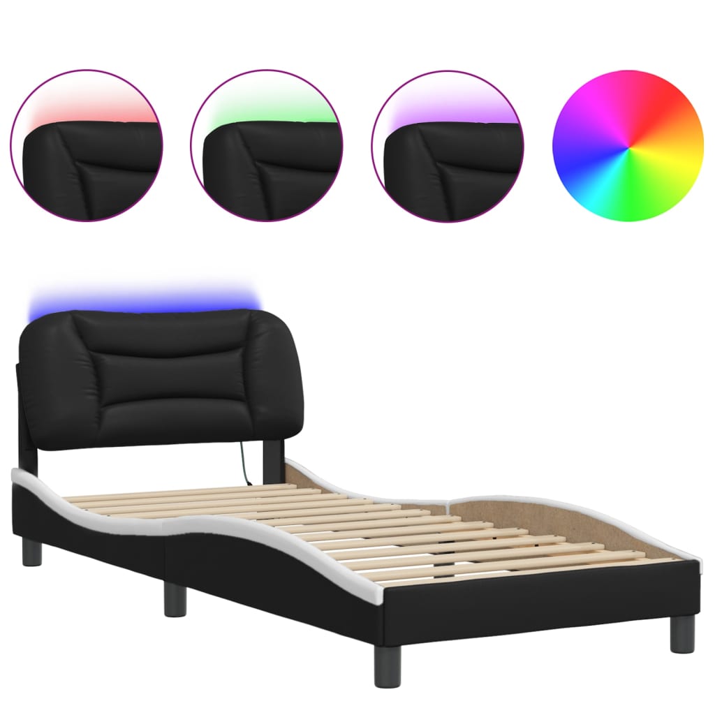 vidaXL Bedframe met LED-verlichting kunstleer zwart en wit 90x190 cm