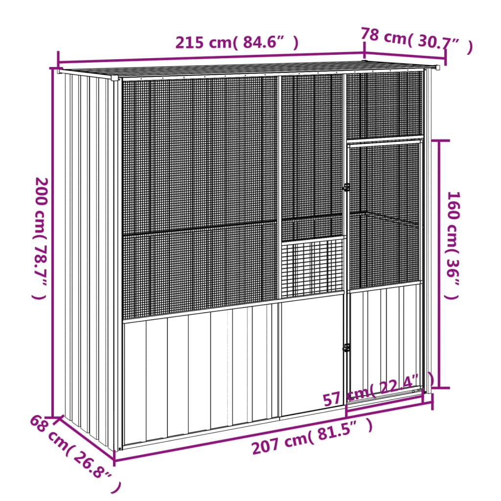 vidaXL Vogelkooi 215x78x200 cm gegalvaniseerd staal antracietkleurig