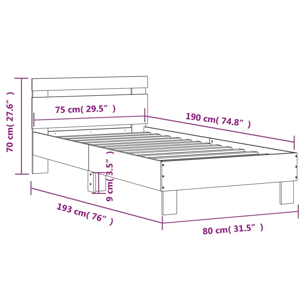 vidaXL Bedframe met hoofdbord bewerkt hout betongrijs 75x190 cm