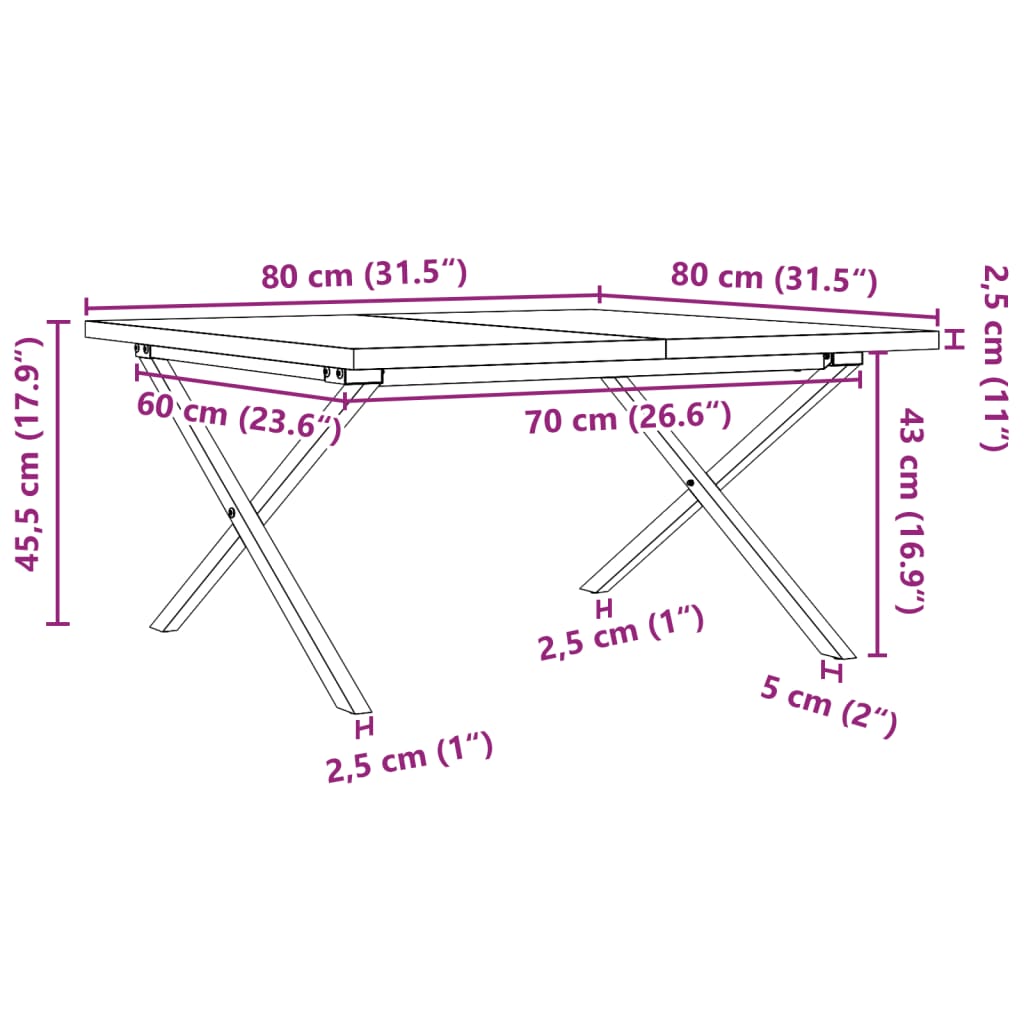 vidaXL Salontafel X-frame 80x80x45,5 cm grenenhout en gietijzer