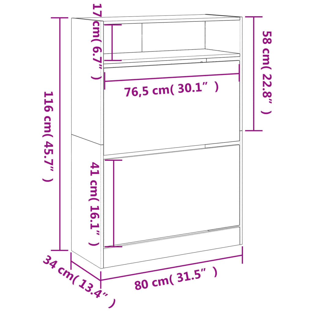 vidaXL Schoenenkast met 2 klaplades 80x34x116 cm grijs sonoma