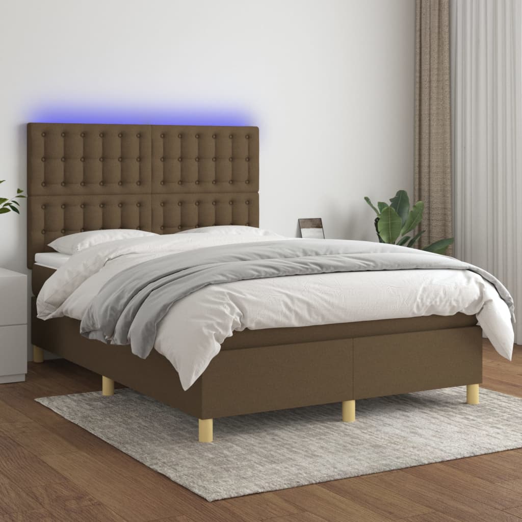 vidaXL Boxspring met matras en LED stof donkerbruin 140x200 cm