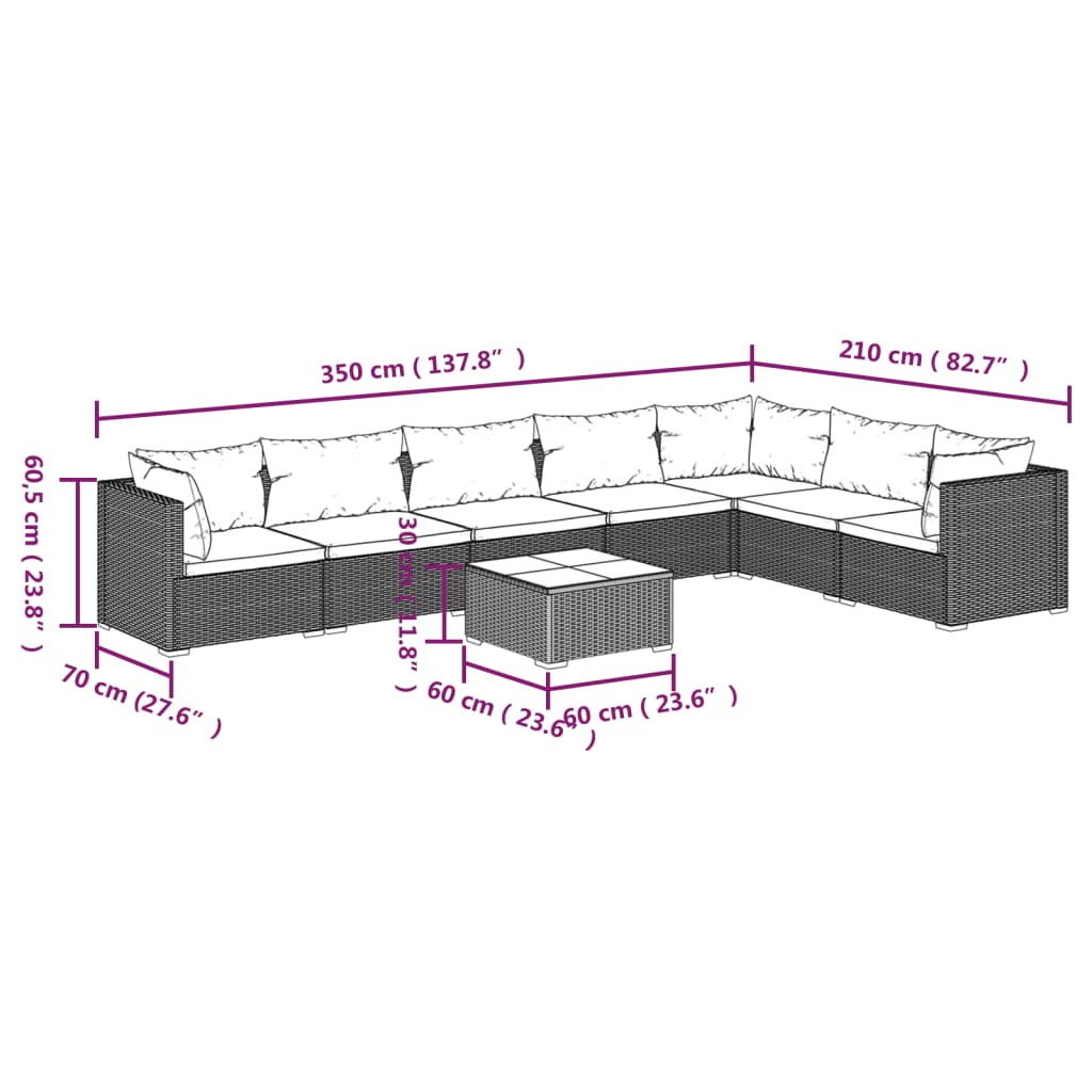 vidaXL 8-delige Loungeset met kussens poly rattan zwart