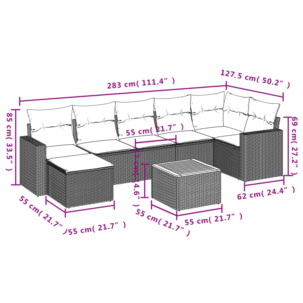 vidaXL 8-delige Loungeset met kussens poly rattan beige