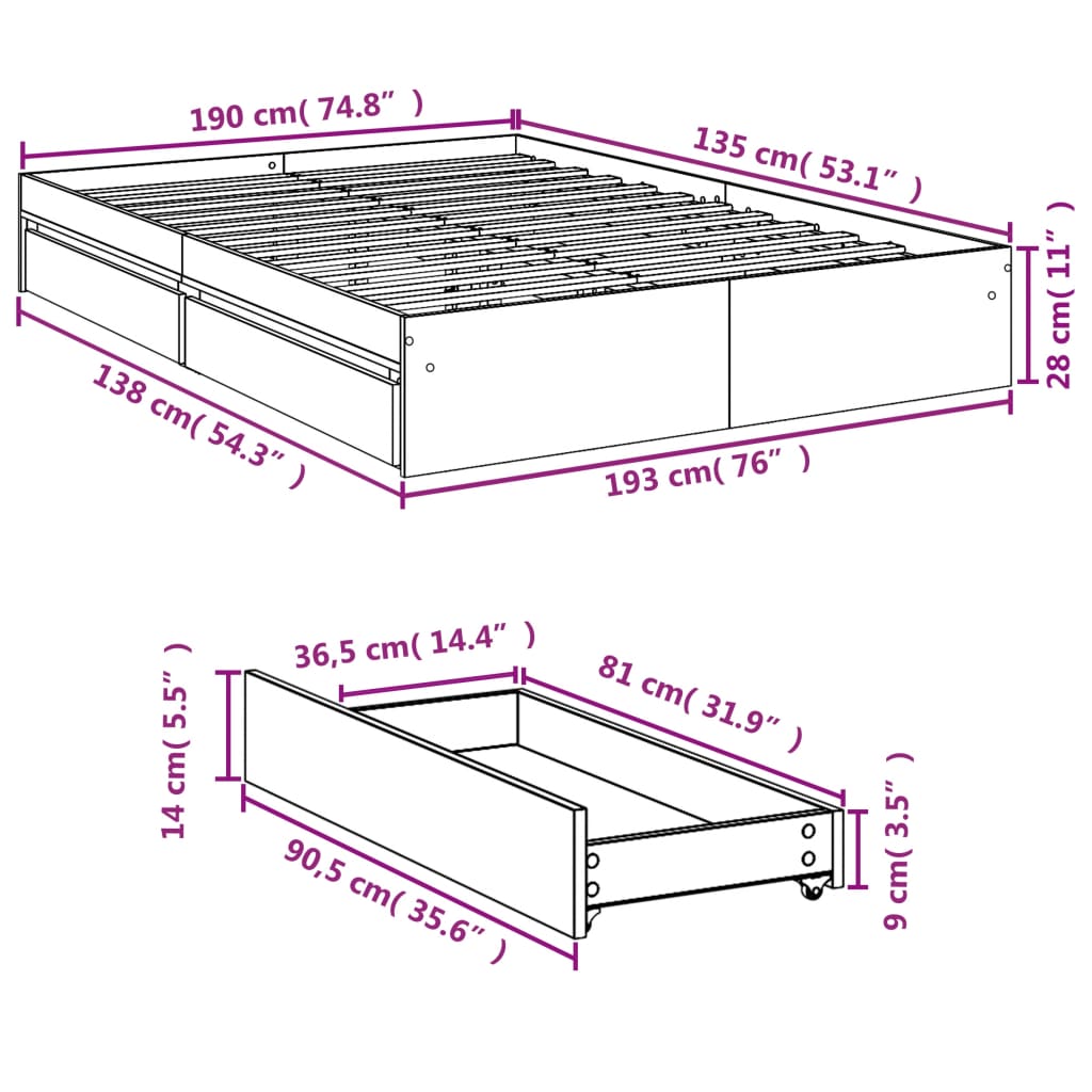 vidaXL Bedframe met lades bewerkt hout bruin eikenkleurig 135x190 cm