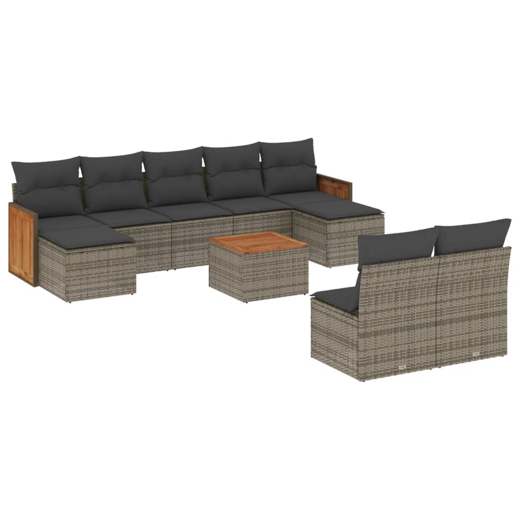 vidaXL 10-delige Loungeset met kussens poly rattan grijs