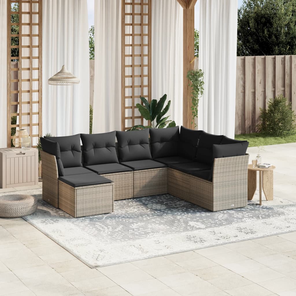 vidaXL 7-delige Loungeset met kussens poly rattan grijs