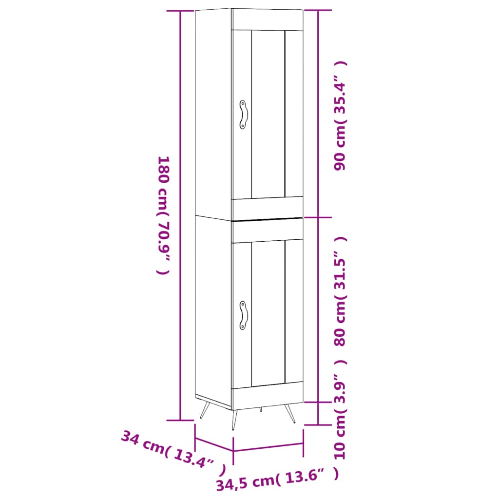 vidaXL Hoge kast 34,5x34x180 cm bewerkt hout hoogglans wit