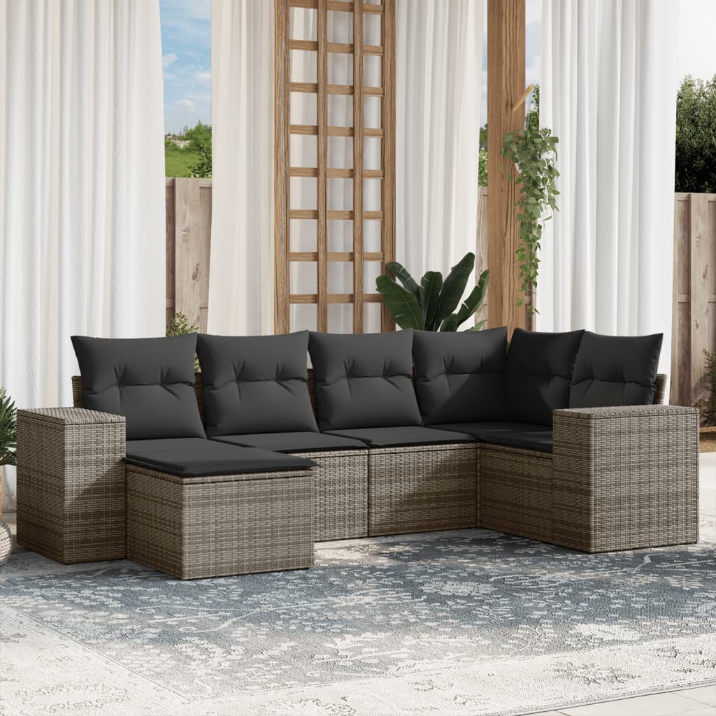 vidaXL 6-delige Loungeset met kussens poly rattan grijs