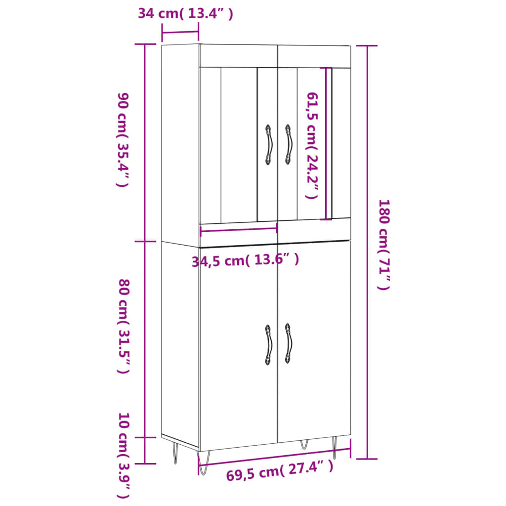 vidaXL Hoge kast 69,5x34x180 cm bewerkt hout zwart