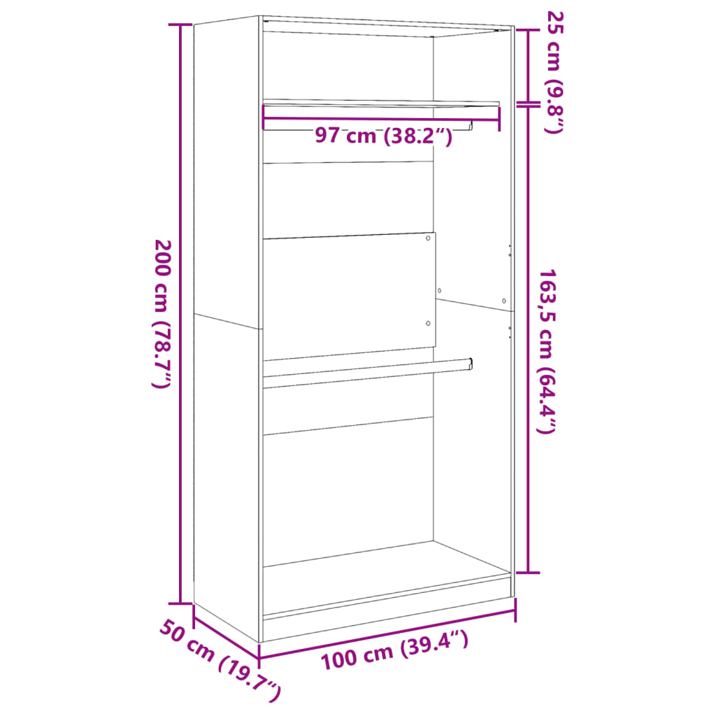 vidaXL Kledingkast 100x50x200 cm bewerkt hout betongrijs