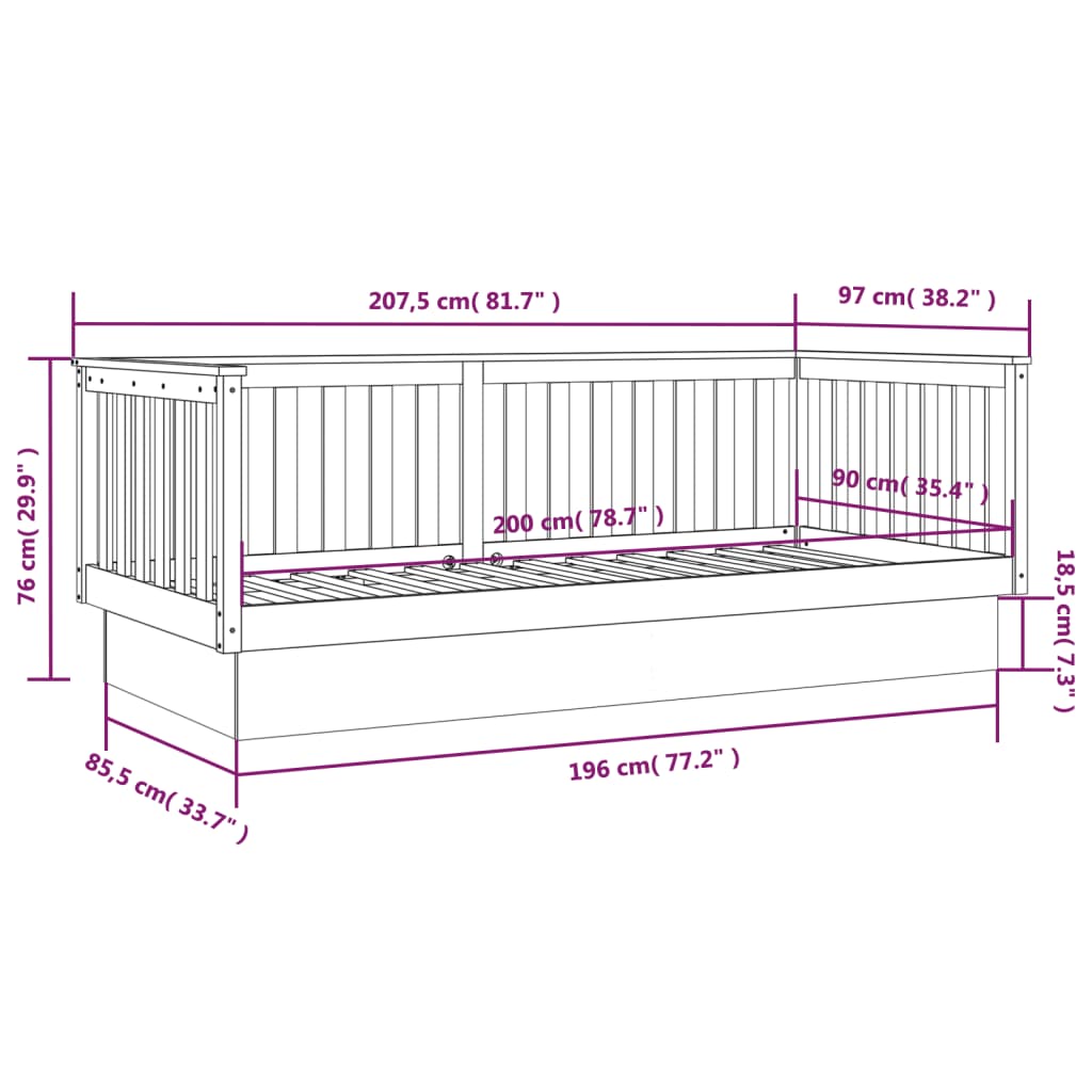 vidaXL Slaapbank 90x200 cm massief grenenhout grijs