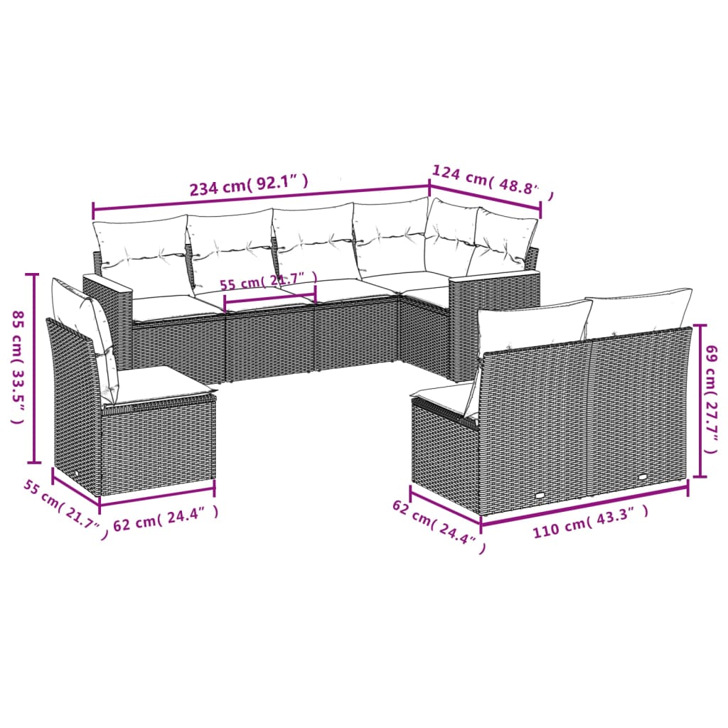 vidaXL 8-delige Loungeset met kussens poly rattan zwart